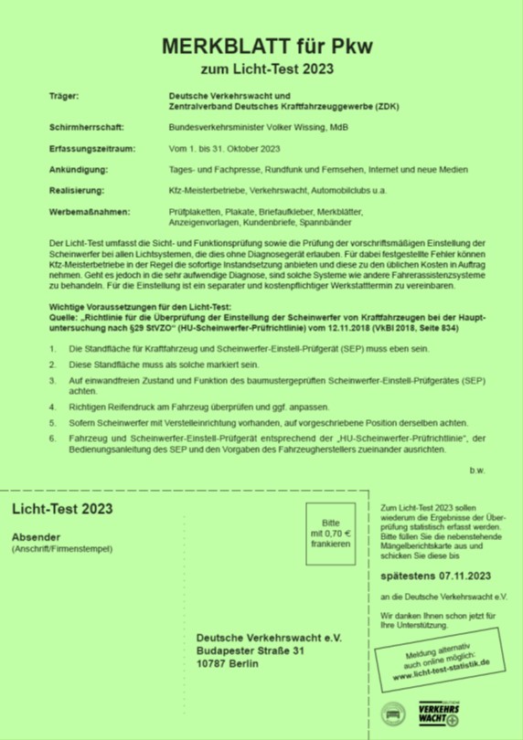 Merkblatt „Licht-Test“ Pkw