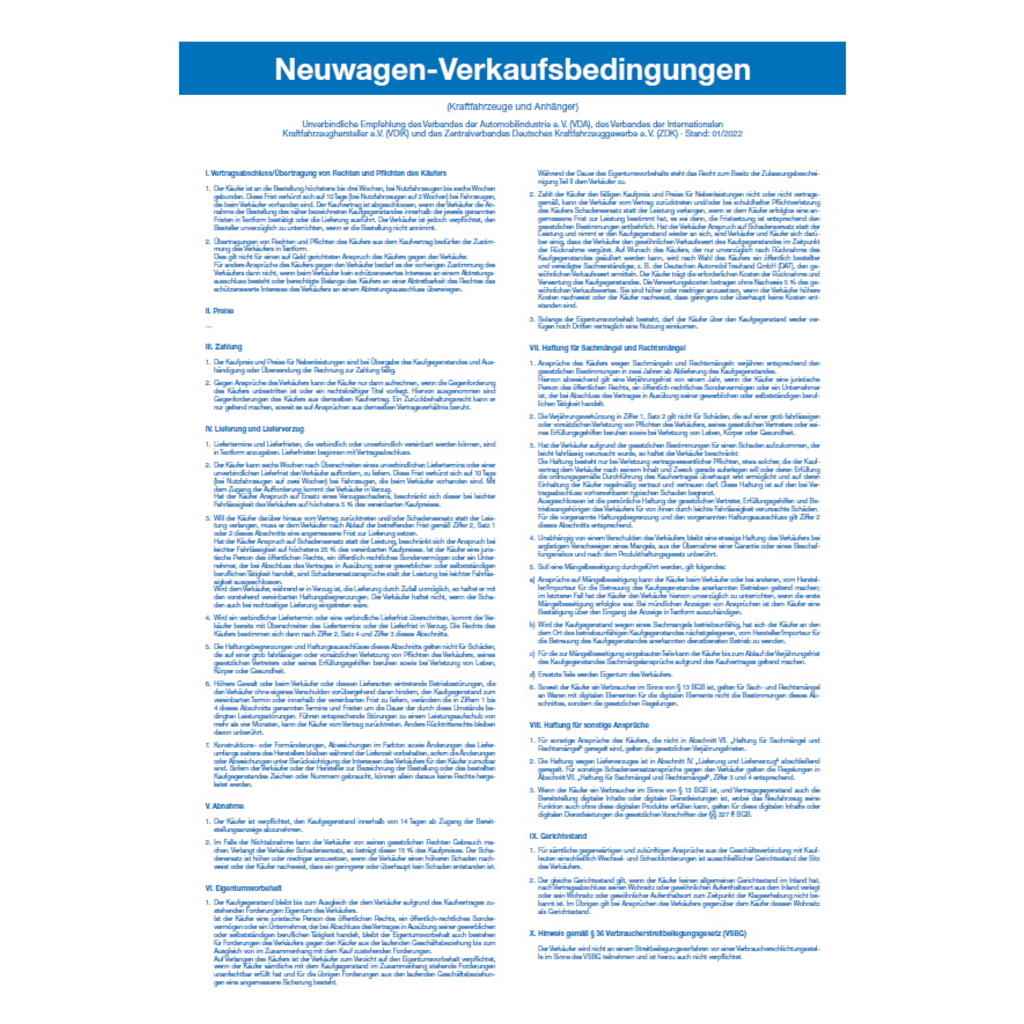 Tafel „Neuwagen-Verkaufsbedingungen" für Nichtmitglieder