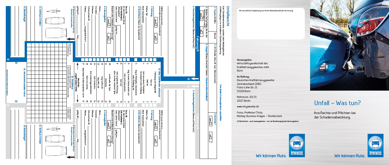Flyer "Unfall - was tun?" inkl. Unfallbericht