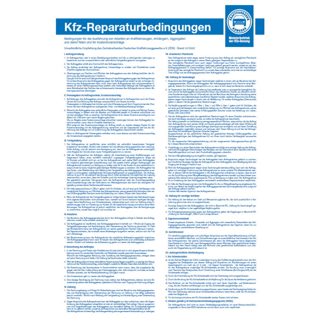 Tafel „Kfz-Reparaturbedingungen“ für Mitglieder