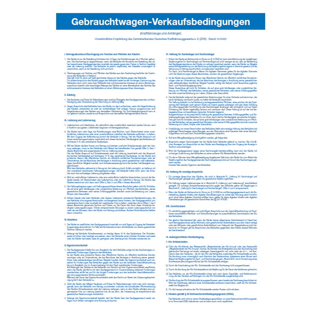 Tafel „Gebrauchtwagen-Verkaufsbedingungen" für Nichtmitglieder