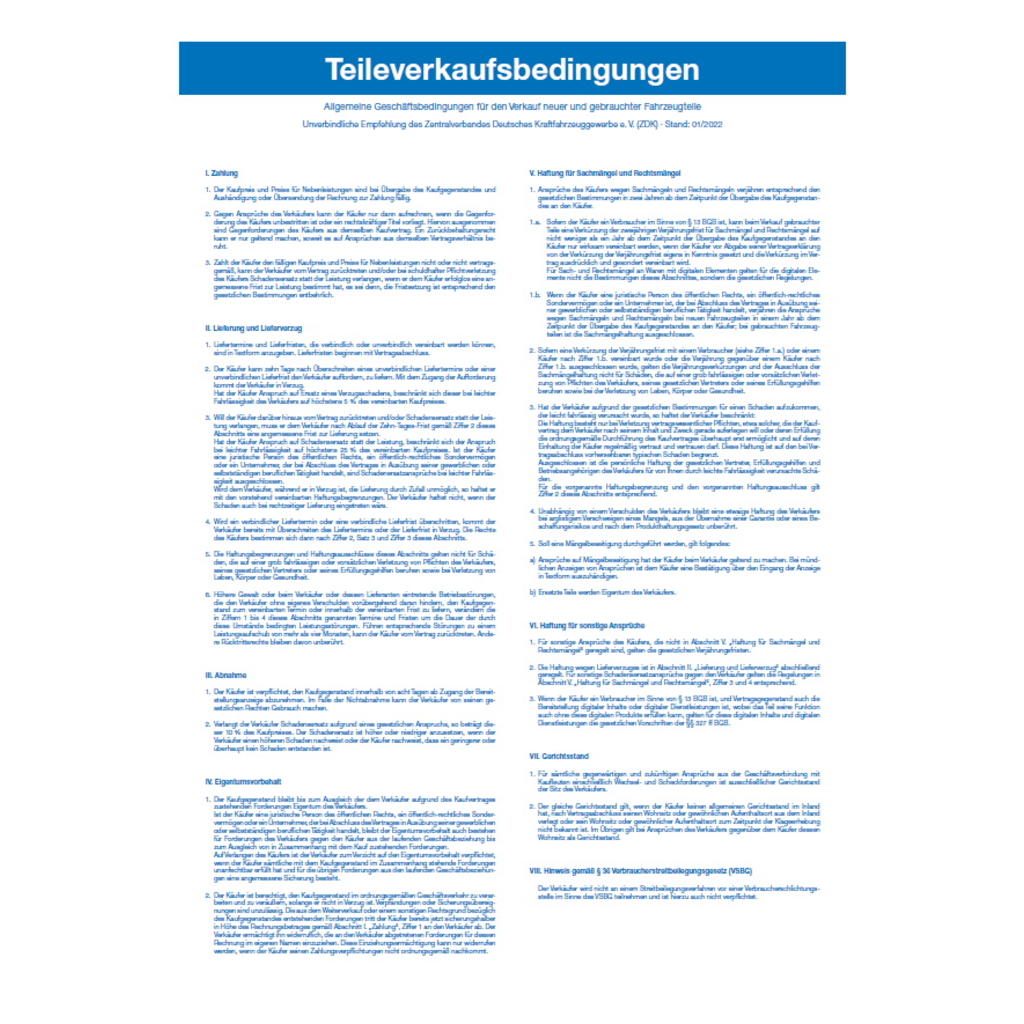 Tafel „Teileverkaufsbedingungen" für Nichtmitglieder