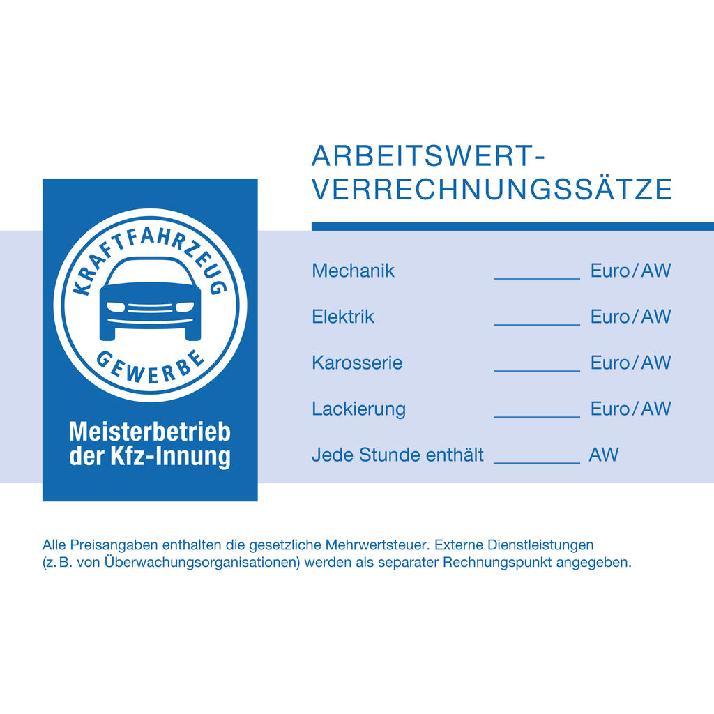 Tafel „Arbeitswert-Verrechnungssätze“ für Mitglieder