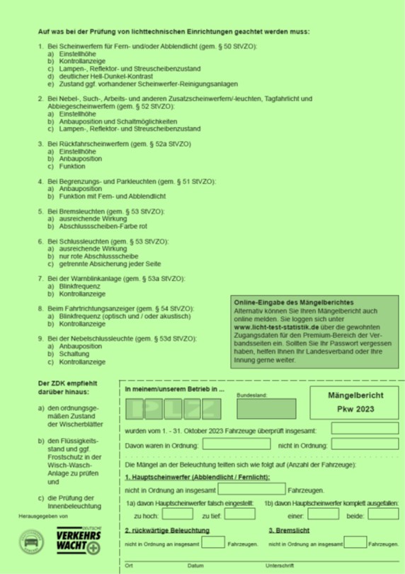 Merkblatt „Licht-Test“ Pkw