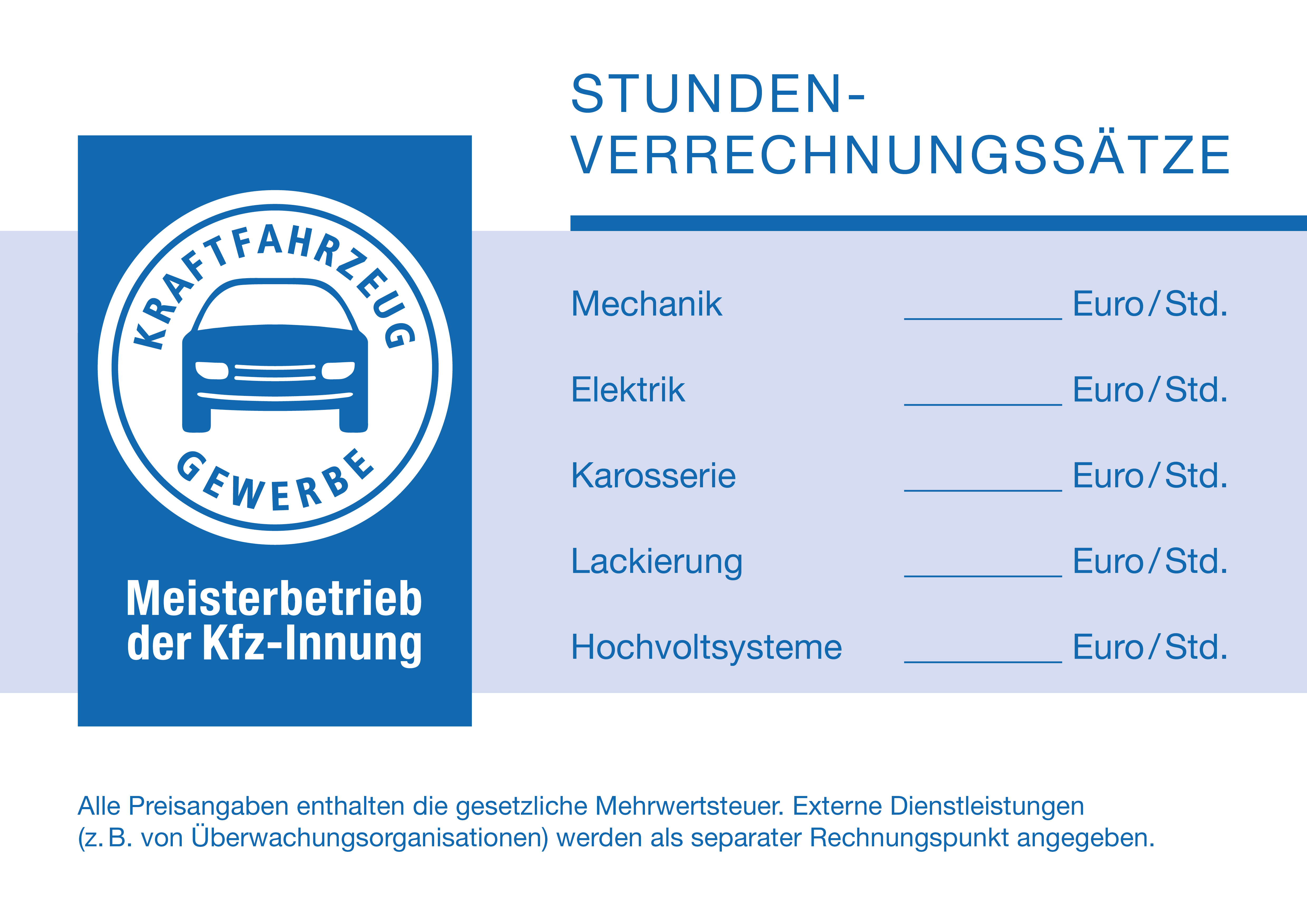 Tafel „Stunden-Verrechnungssätze Hochvoltsysteme“ für Mitglieder