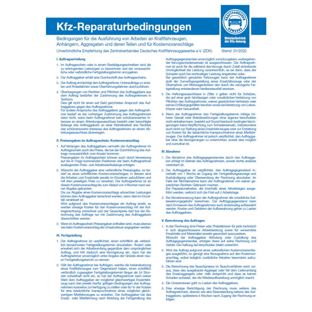 Block „Kfz-Reparaturbedingungen“ für Mitglieder