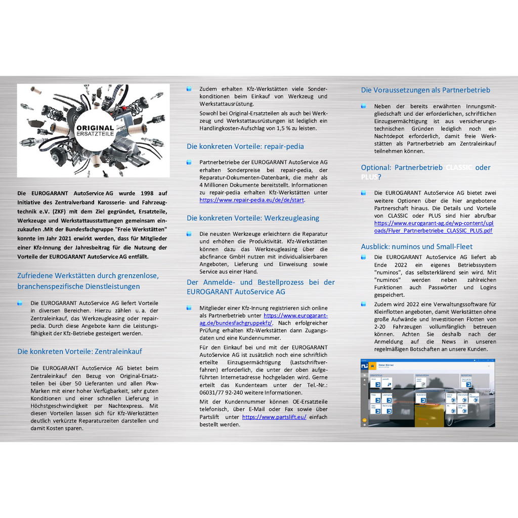 Flyer „EUROGARANT: OE-Teile, Werkzeug und Werkstattausrüstung“ für Mitglieder