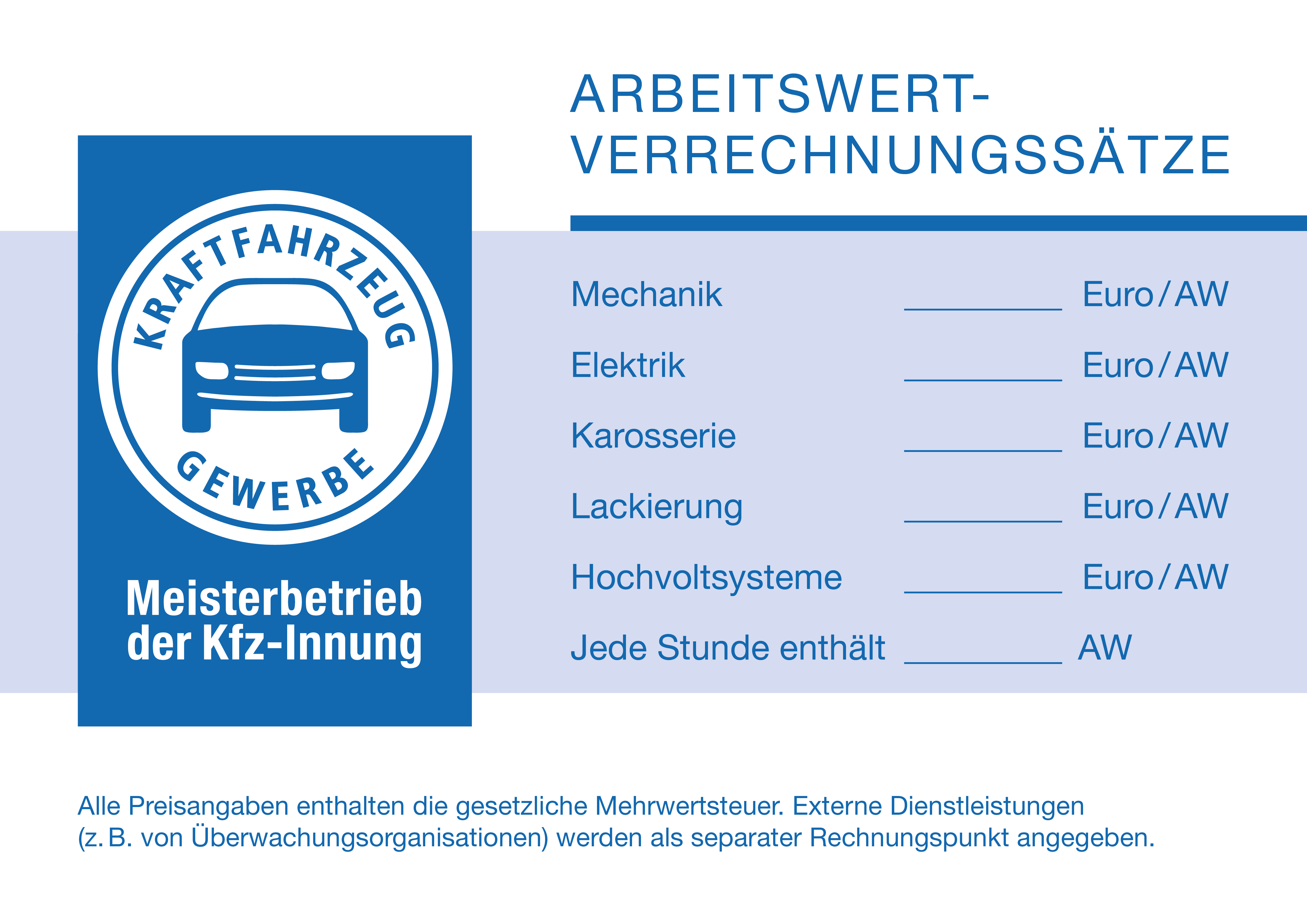 Tafel „Arbeitswert-Verrechnungssätze Hochvoltsysteme“ für Mitglieder