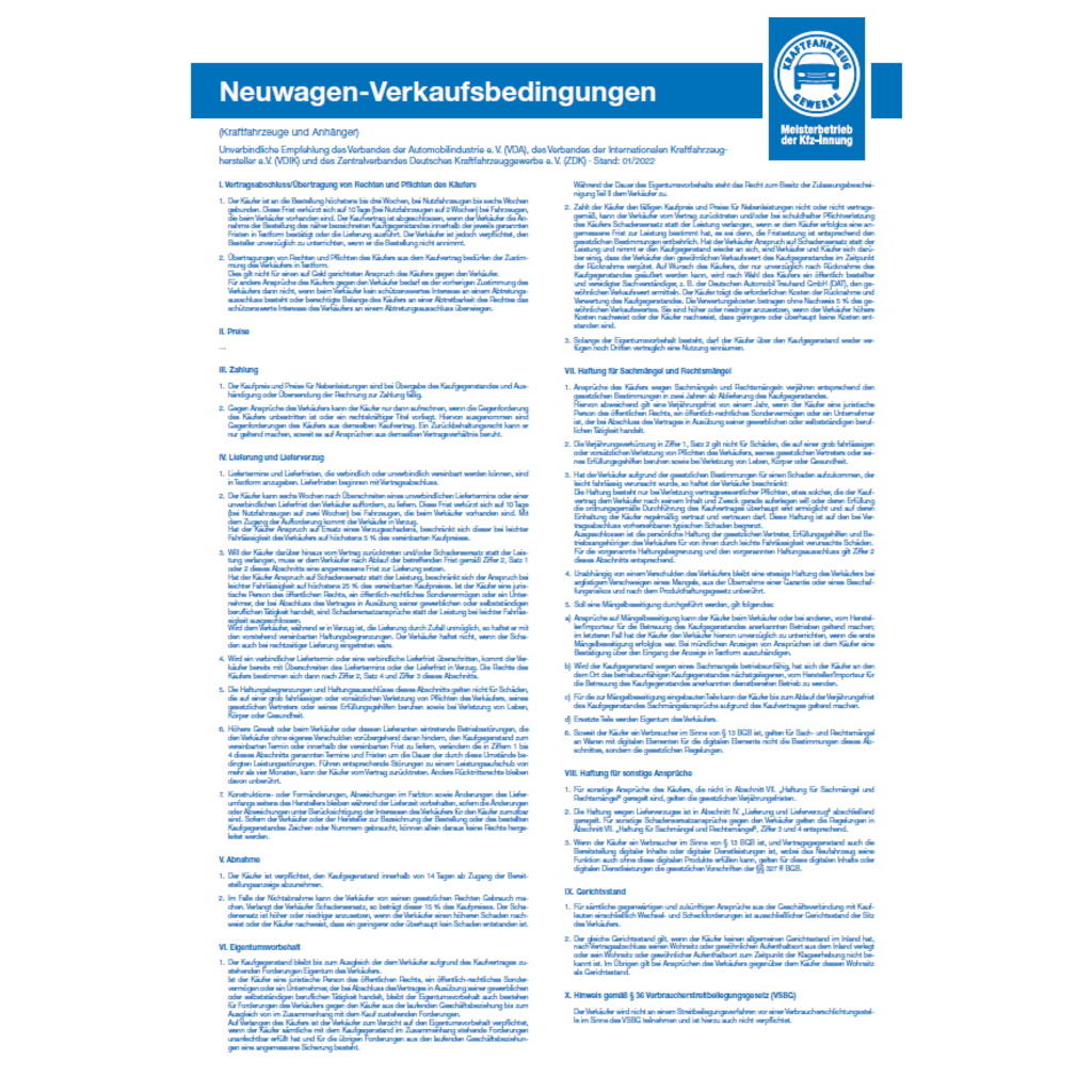 Tafel „Neuwagen-Verkaufsbedingungen" für Mitglieder